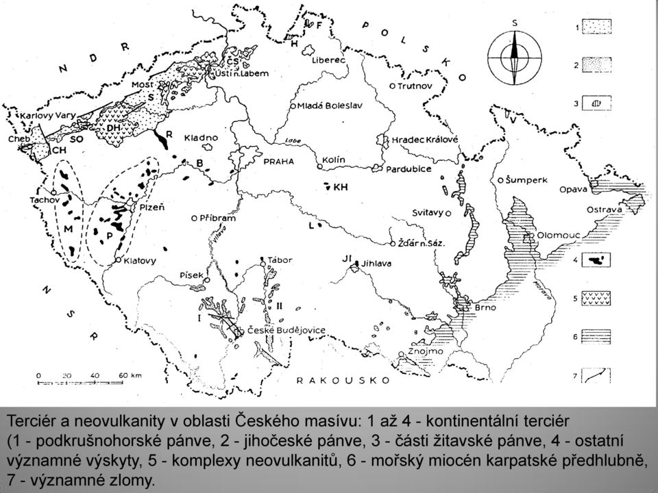 pánve, 3 - části žitavské pánve, 4 - ostatní významné výskyty, 5 -