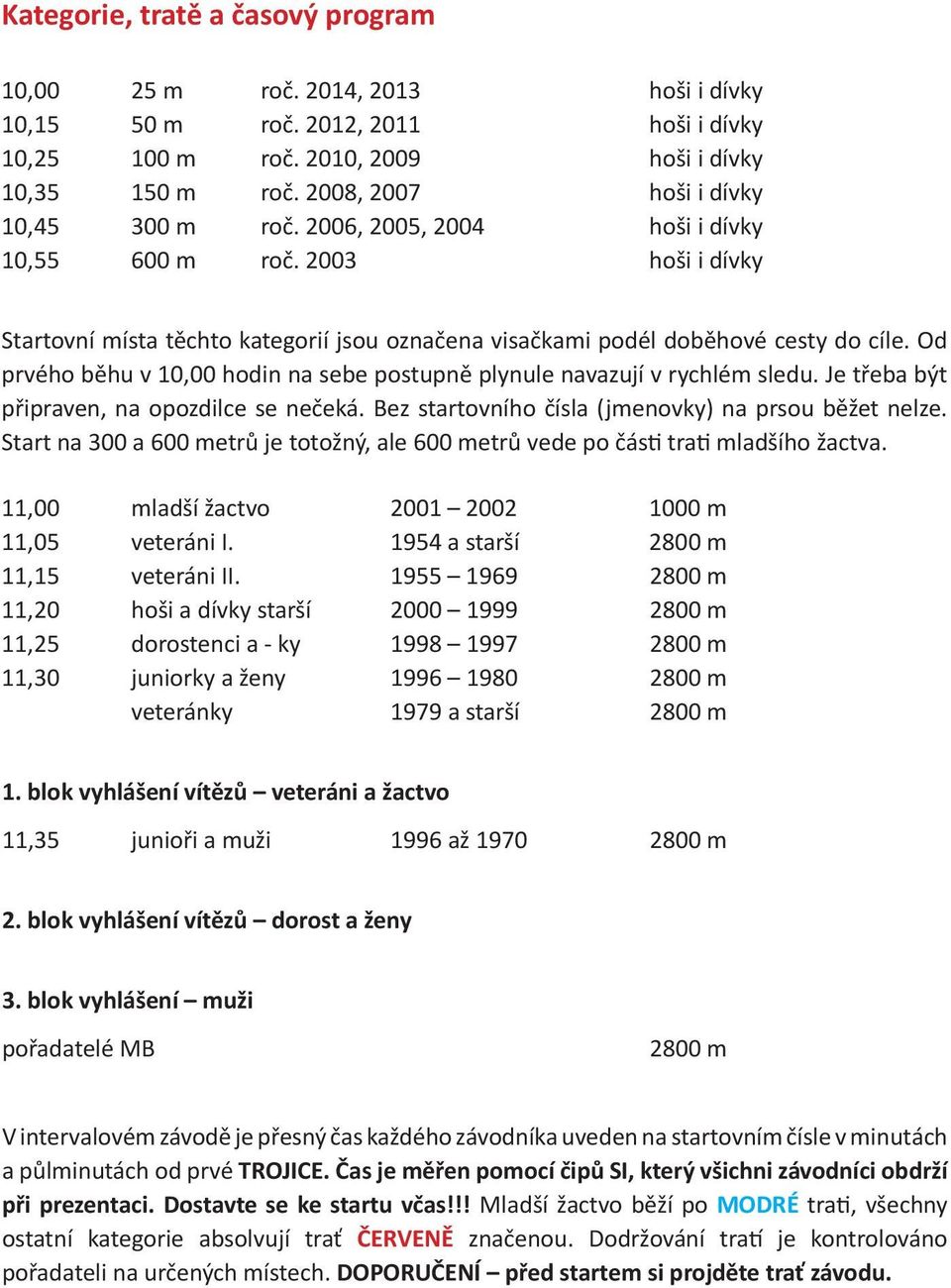 Od prvého běhu v 10,00 hodin na sebe postupně plynule navazují v rychlém sledu. Je třeba být připraven, na opozdilce se nečeká. Bez startovního čísla (jmenovky) na prsou běžet nelze.