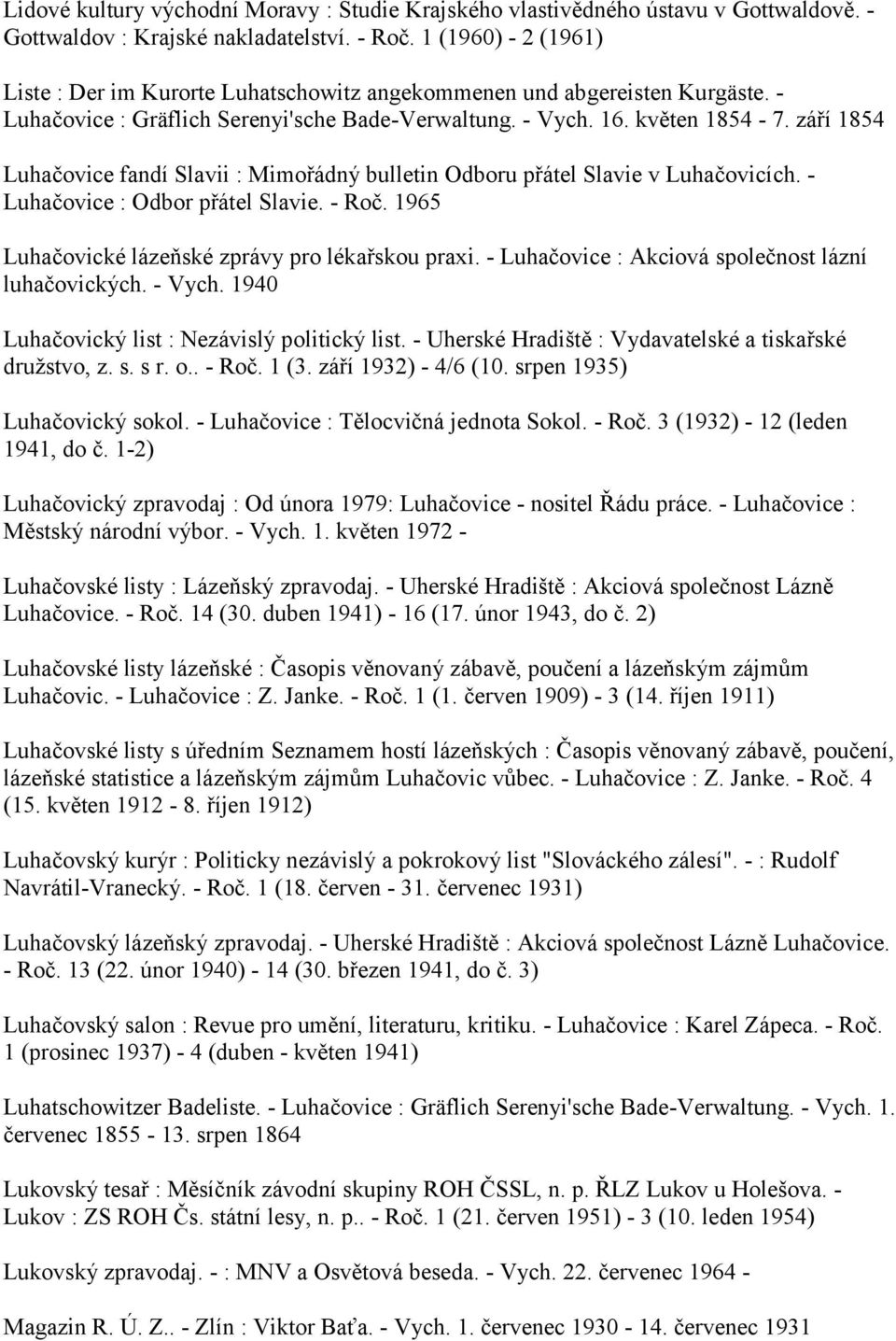 září 1854 Luhačovice fandí Slavii : Mimořádný bulletin Odboru přátel Slavie v Luhačovicích. - Luhačovice : Odbor přátel Slavie. - Roč. 1965 Luhačovické lázeňské zprávy pro lékařskou praxi.