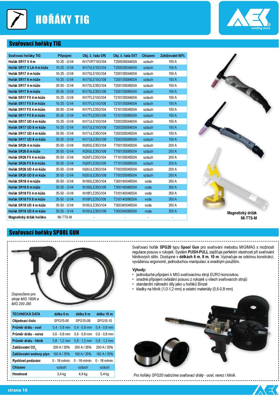 řada 5XT Chlazení Zatěžovatel 60% Hořák SR17 V 4 m 10-25 - G1/4 IN17VRT10G104 T25003604400A vzduch 150 A Hořák SR17 V LA 4 m kůže 10-25 - G1/4 IN17VLE10G104 T25003504400A vzduch 150 A Hořák SR17 4 m