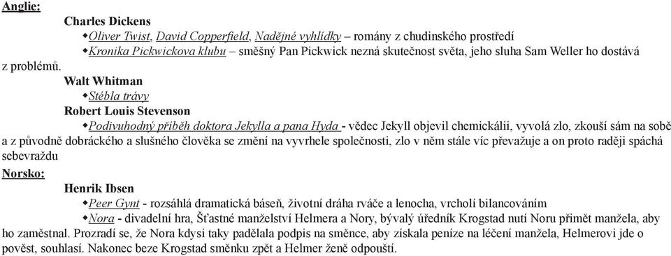 Walt Whitman Stébla trávy Robert Louis Stevenson Podivuhodný příběh doktora Jekylla a pana Hyda - vědec Jekyll objevil chemickálii, vyvolá zlo, zkouší sám na sobě a z původně dobráckého a slušného