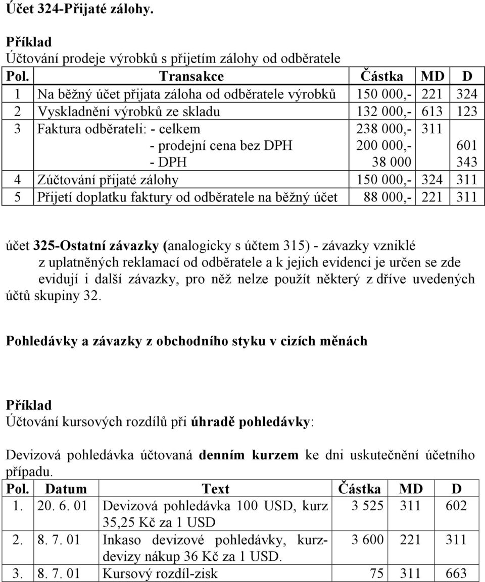 DPH 238 000,- 200 000,- 38 000 311 601 4 Zúčtování přijaté zálohy 150 000,- 324 311 5 Přijetí doplatku faktury od odběratele na běžný účet 88 000,- 221 311 účet 325-Ostatní závazky (analogicky s