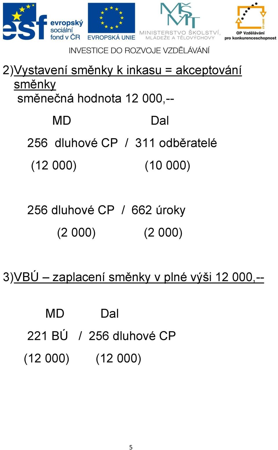 256 dluhové CP / 662 úroky (2 000) (2 000) 3) VBÚ zaplacení směnky v