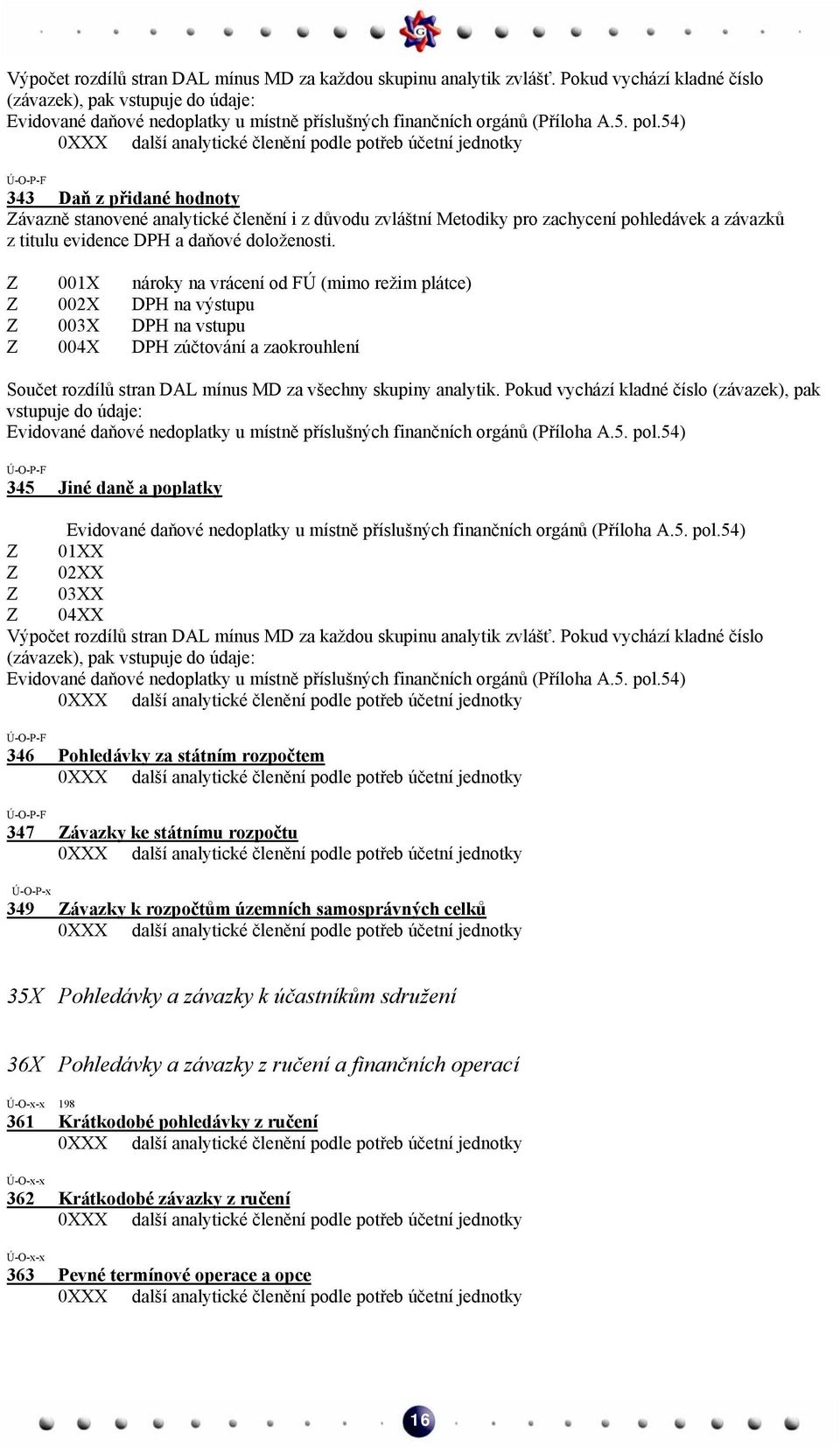 54) 343 Daň z přidané hodnoty Závazně stanovené analytické členění i z důvodu zvláštní Metodiky pro zachycení pohledávek a závazků z titulu evidence DPH a daňové doloženosti.