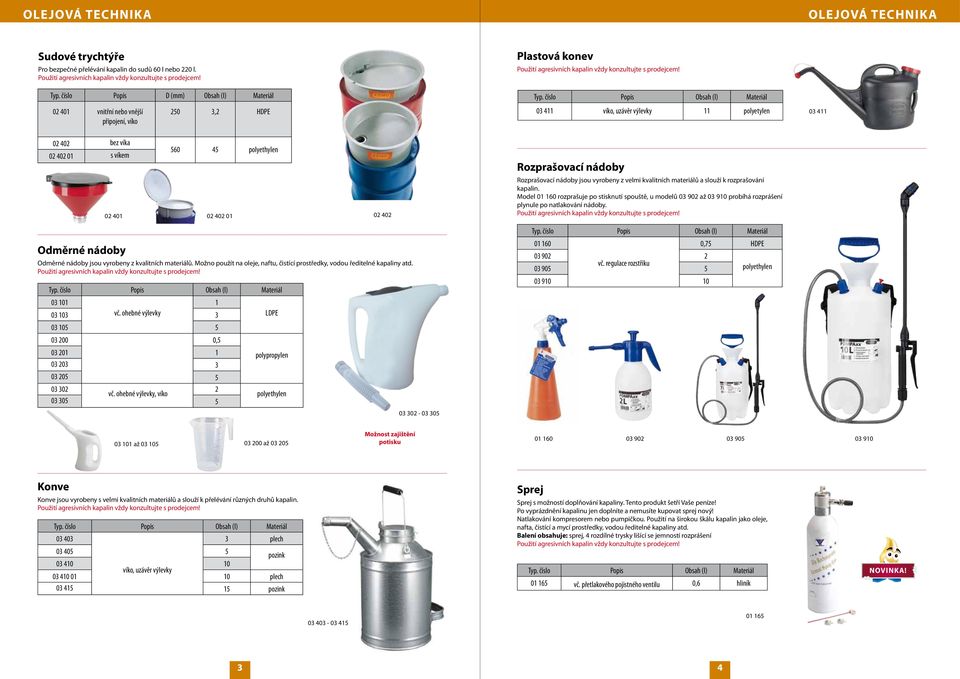 nádoby jsou vyrobeny z kvalitních materiálů. Možno použít na oleje, naftu, čistící prostředky, vodou ředitelné kapaliny atd. Typ. číslo Popis Obsah (l) Materiál 03 101 03 103 vč.