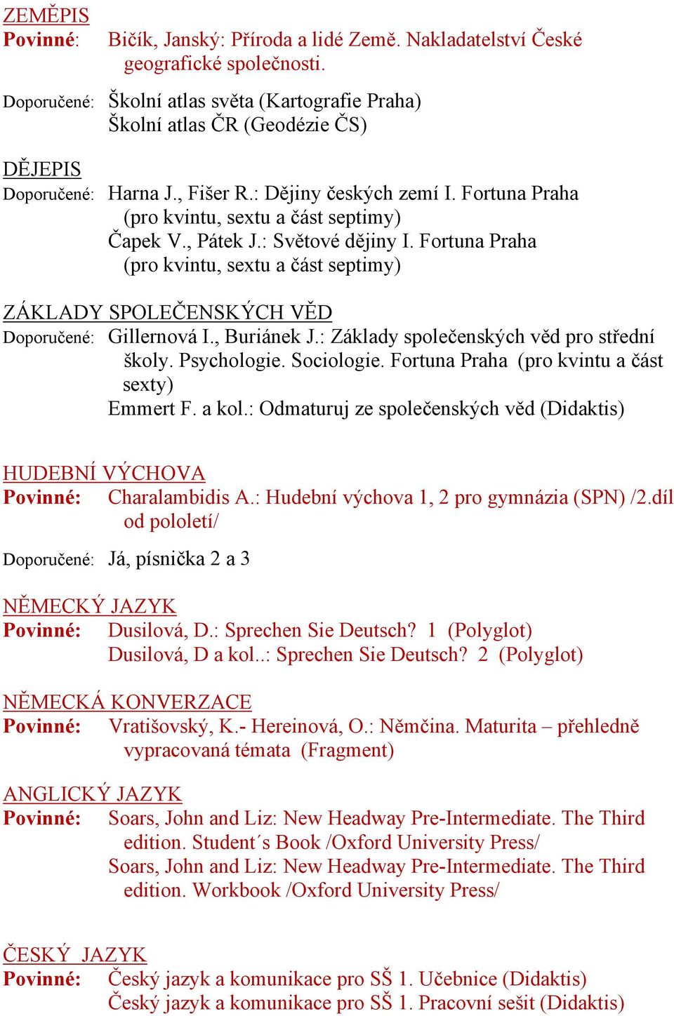 Fortuna Praha (pro kvintu, sextu a část septimy) ZÁKLADY SPOLEČENSKÝCH VĚD Doporučené: Gillernová I., Buriánek J.: Základy společenských věd pro střední školy. Psychologie. Sociologie.