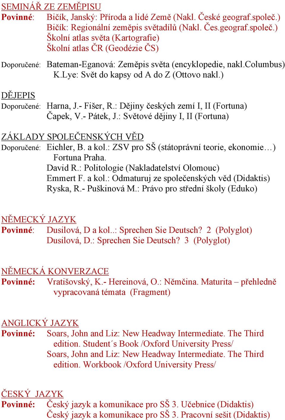 columbus) K.Lye: Svět do kapsy od A do Z (Ottovo nakl.) DĚJEPIS Doporučené: Harna, J.- Fišer, R.: Dějiny českých zemí I, II (Fortuna) Čapek, V.- Pátek, J.