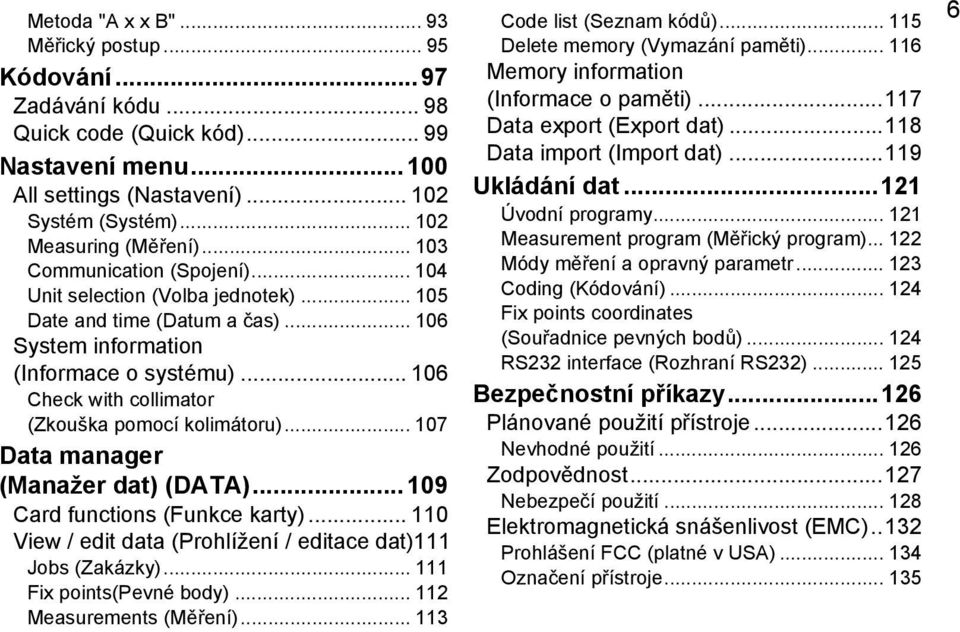 .. 106 Check with collimator (Zkouška pomocí kolimátoru)... 107 Data manager (Manažer dat) (DATA)... 109 Card functions (Funkce karty).