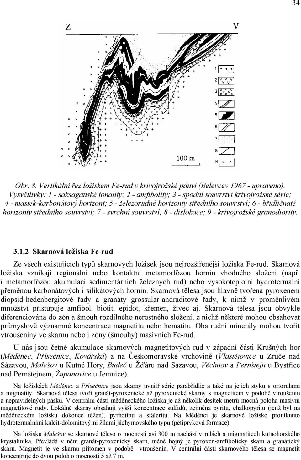 horizonty středního souvrství; 7 - svrchní souvrství; 8 - dislokace; 9 - krivojrožské granodiority. 3.1.