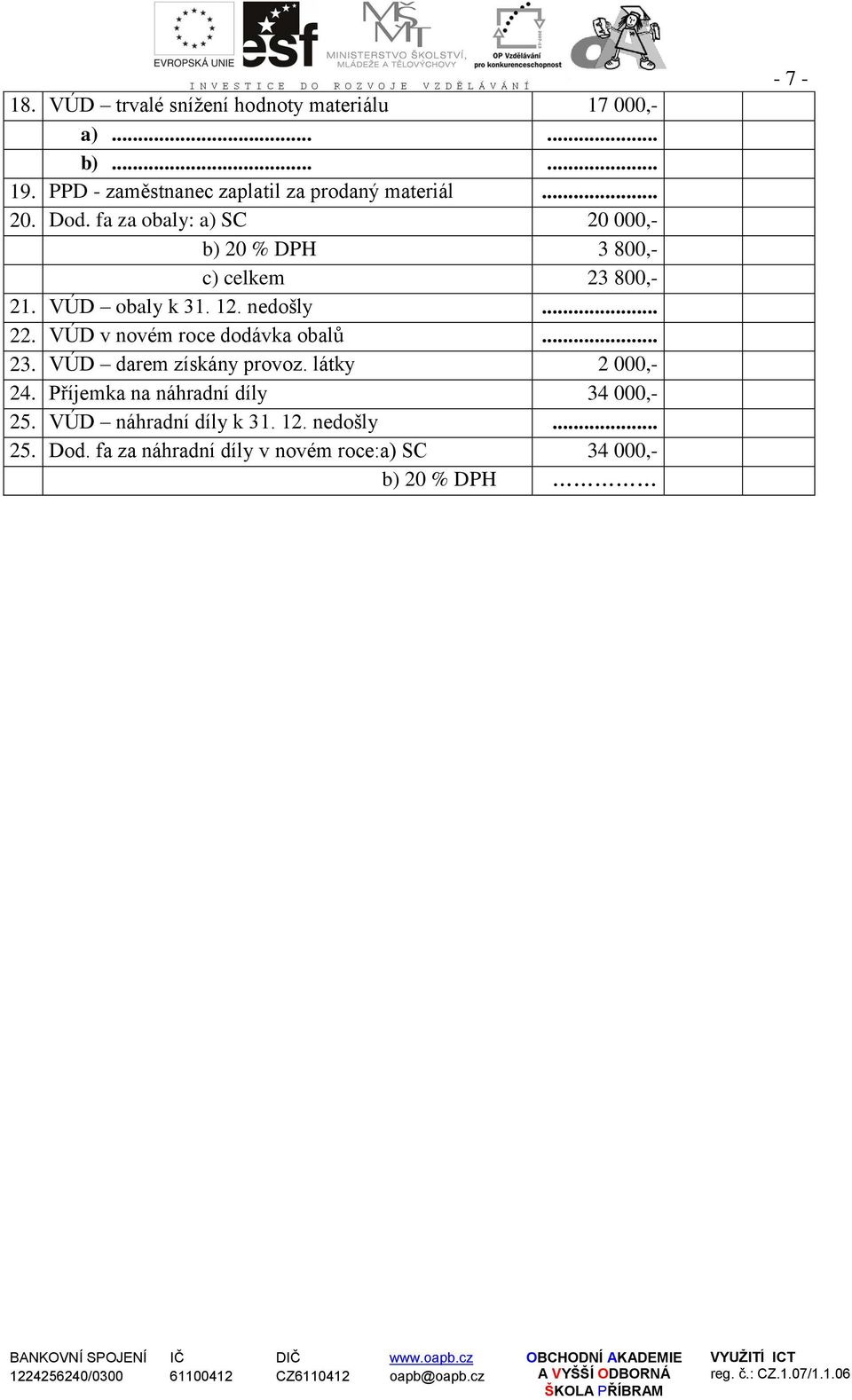 fa za obaly: a) SC 20 000,- b) 20 % DPH 3 800,- c) celkem 23 800,- 21. VÚD obaly k 31. 12. nedošly... 22.