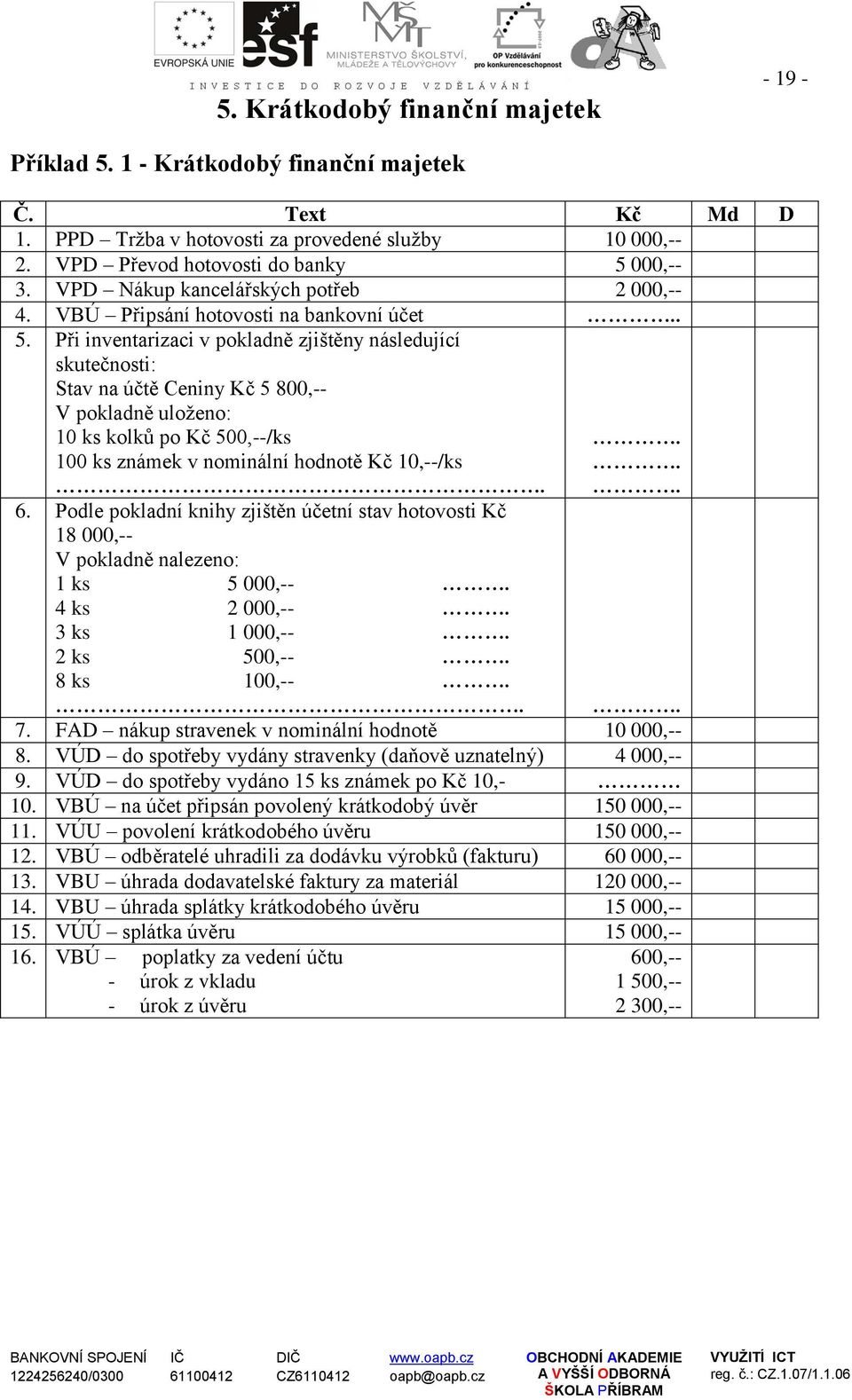 Při inventarizaci v pokladně zjištěny následující skutečnosti: Stav na účtě Ceniny Kč 5 800,-- V pokladně uloženo: 10 ks kolků po Kč 500,--/ks 100 ks známek v nominální hodnotě Kč 10,--/ks. 6.