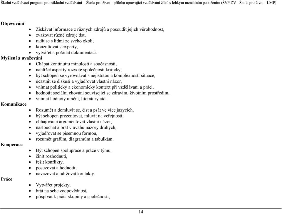 vyjadřovat vlastní názor, vnímat politický a ekonomický kontext při vzdělávání a práci, hodnotit sociální chování související se zdravím, životním prostředím, vnímat hodnoty umění, literatury atd.