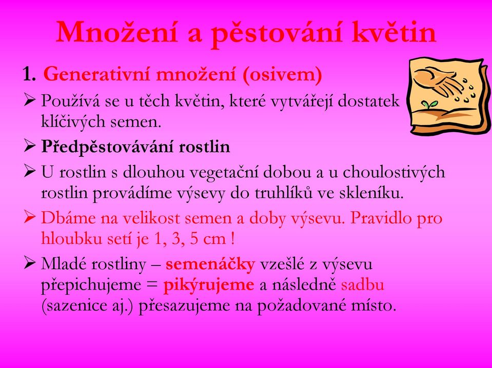 Předpěstovávání rostlin U rostlin s dlouhou vegetační dobou a u choulostivých rostlin provádíme výsevy do truhlíků