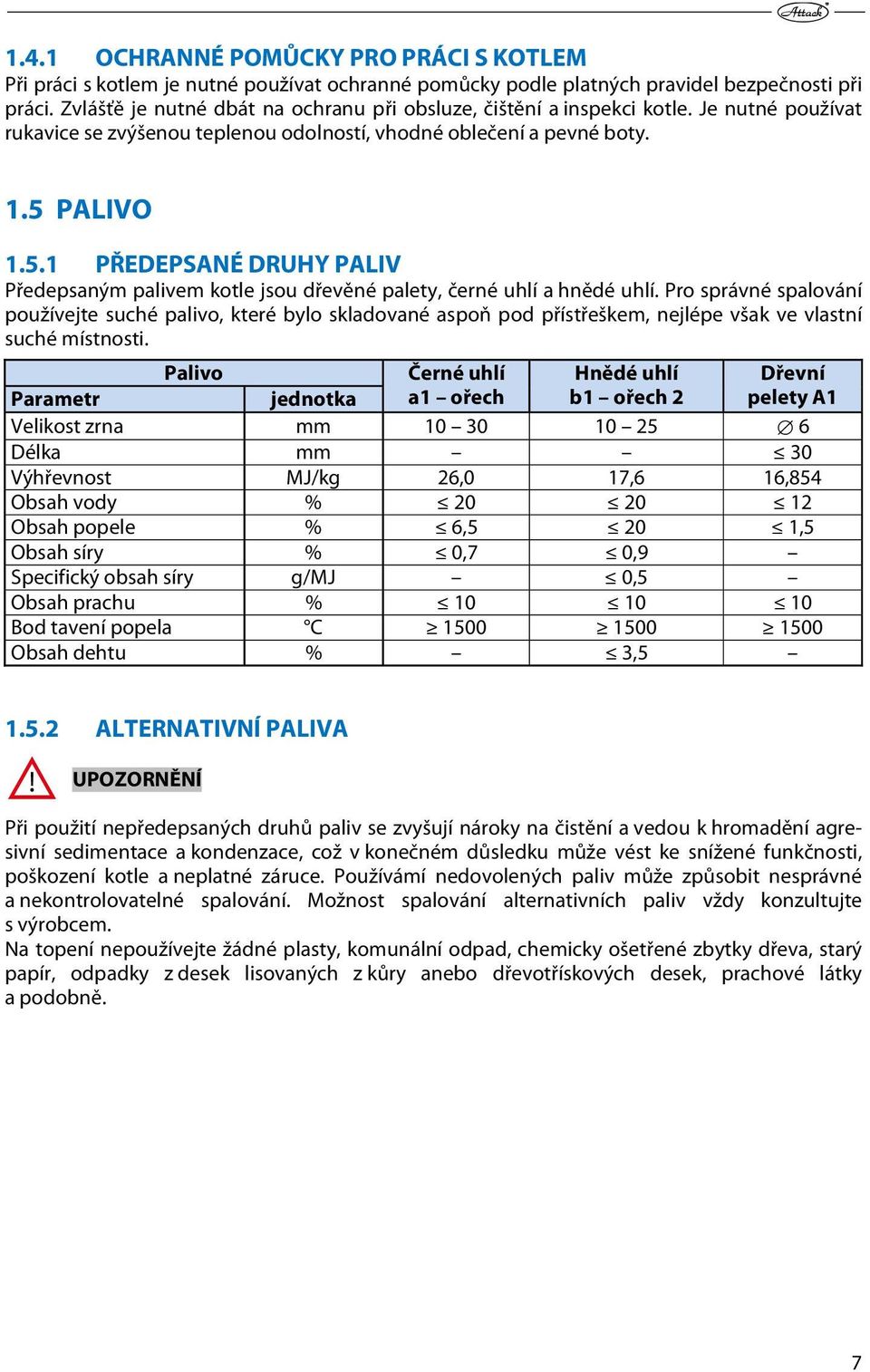 PALIVO 1.5.1 PŘEDEPSANÉ DRUHY PALIV Předepsaným palivem kotle jsou dřevěné palety, černé uhlí a hnědé uhlí.