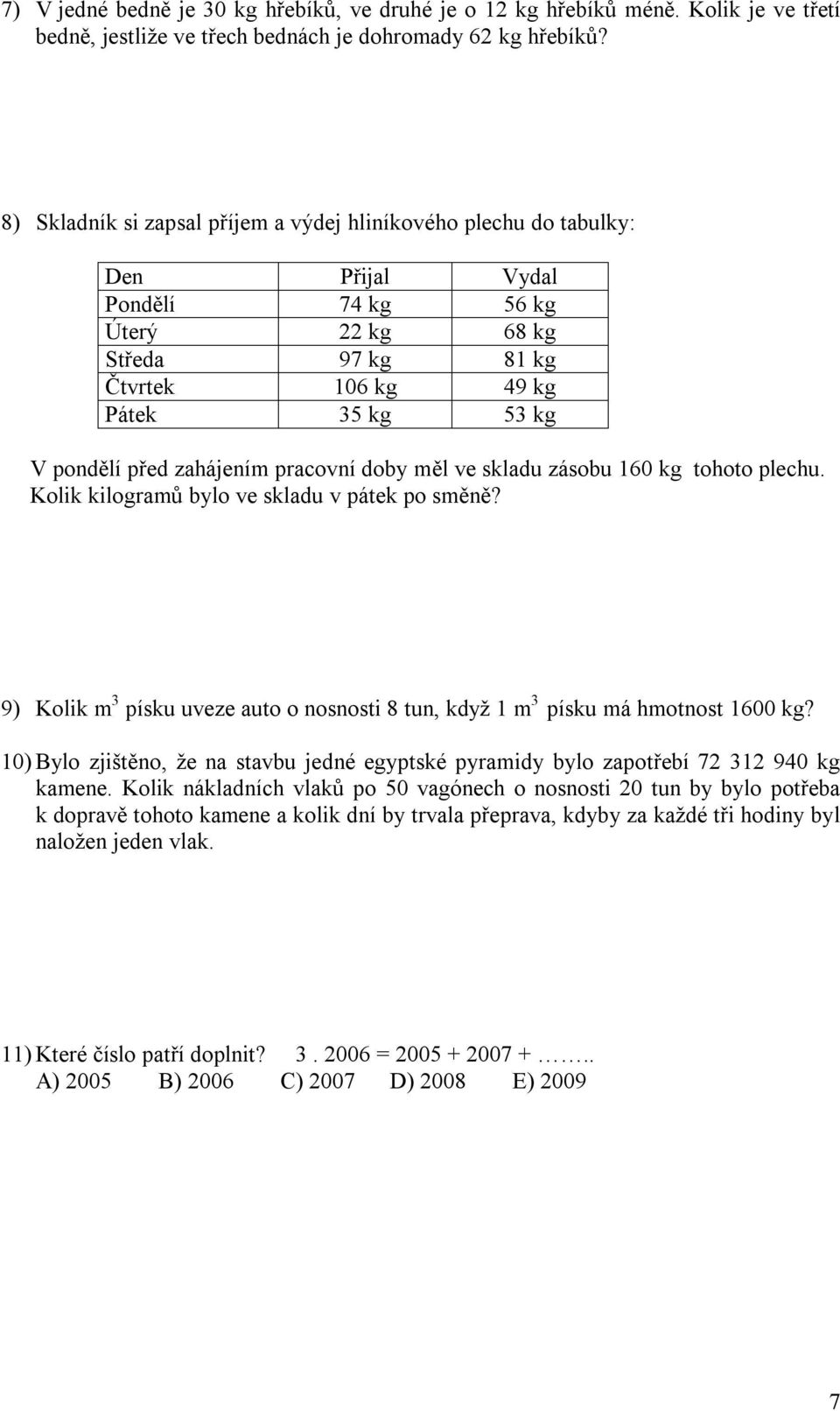 pracovní doby měl ve skladu zásobu 60 kg tohoto plechu. Kolik kilogramů bylo ve skladu v pátek po směně? 9) Kolik m písku uveze auto o nosnosti 8 tun, když m písku má hmotnost 600 kg?