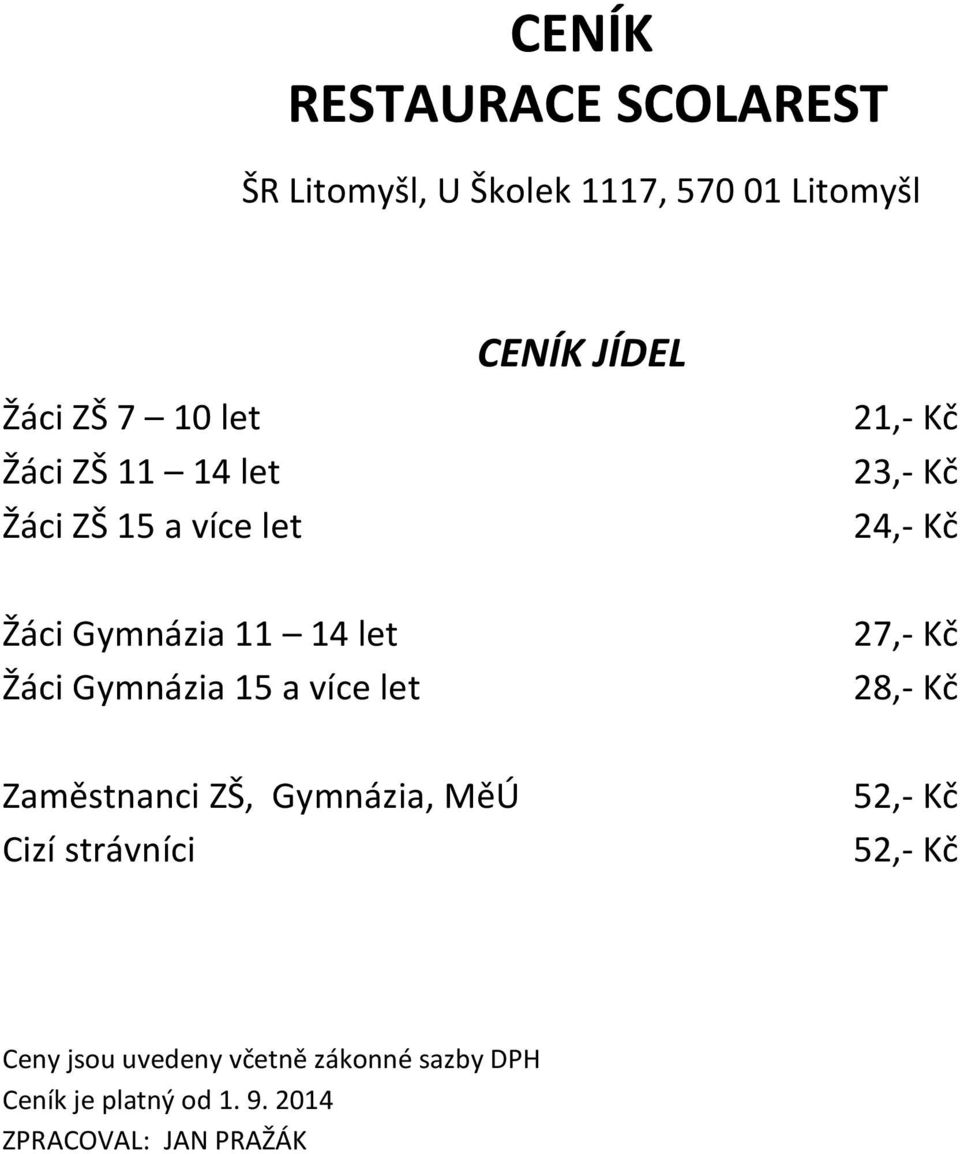 Gymnázia 15 a více let 27,- Kč 28,- Kč Zaměstnanci ZŠ, Gymnázia, MěÚ Cizí strávníci 52,- Kč 52,-