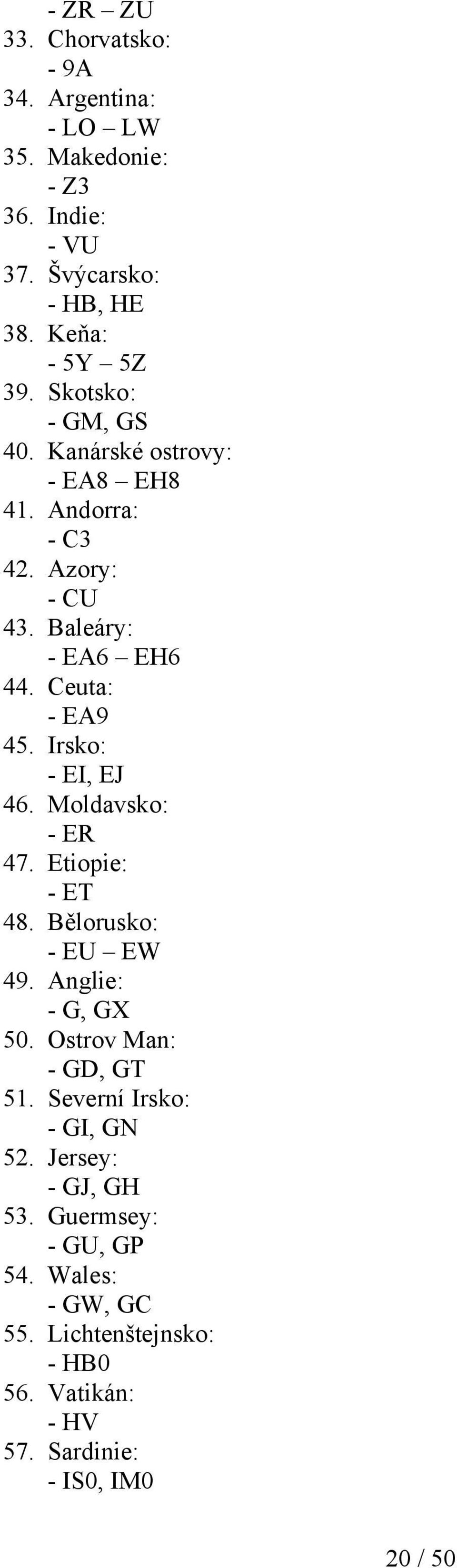 Irsko: - EI, EJ 46. Moldavsko: - ER 47. Etiopie: - ET 48. Bělorusko: - EU EW 49. Anglie: - G, GX 50. Ostrov Man: - GD, GT 51.