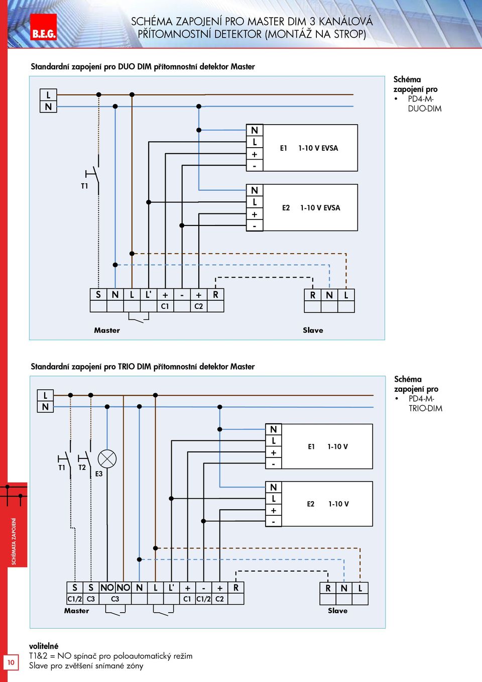 DIM přítomnostní detektor Master Schéma zapojení pro PD4-M- DUO-DIM + 110 V EVSA + E2 110 V EVSA S