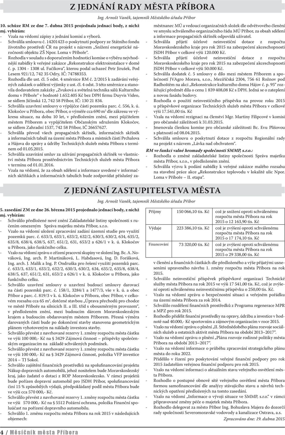 14201423 o poskytnutí podpory ze Státního fondu životního prostředí ČR na projekt s názvem Snížení energetické náročnosti objektu ZŠ Npor. Loma v Příboře.