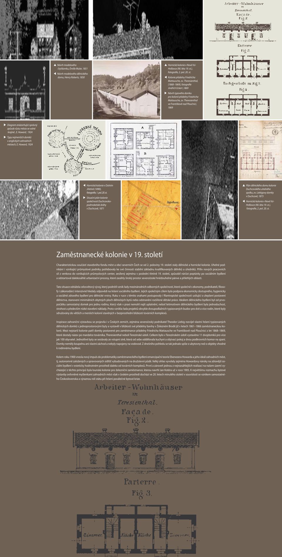 Theresienthal ve Františkově nad Ploučnicí, 1869 Diagram znázorňující správný způsob růstu města ve volné krajině, E. Howard, 1924 Typy nejmenších domků v anglických zahradních městech, E.