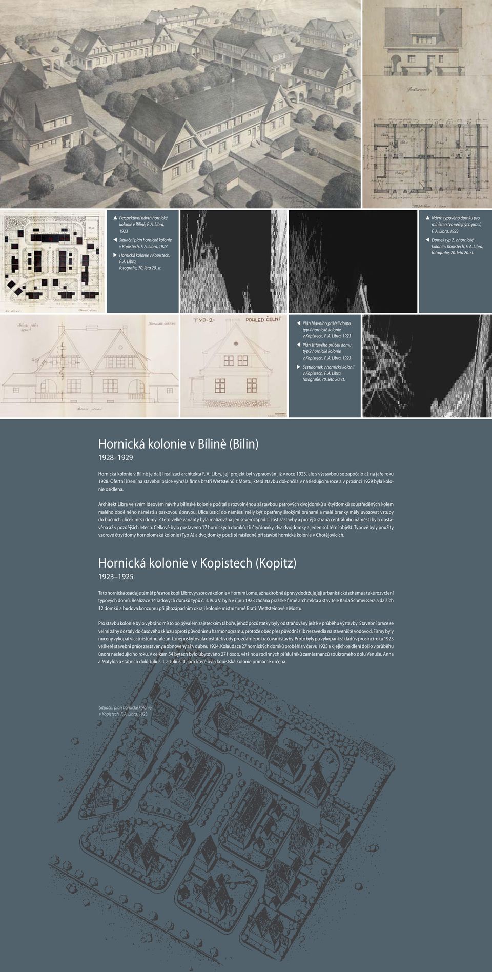 Plán hlavního průčelí domu typ 4 hornické kolonie v Kopistech, F. A. Libra, 1923 Plán štítového průčelí domu typ 2 hornické kolonie v Kopistech, F. A. Libra, 1923 Šestidomek v hornické kolonii v Kopistech, F.