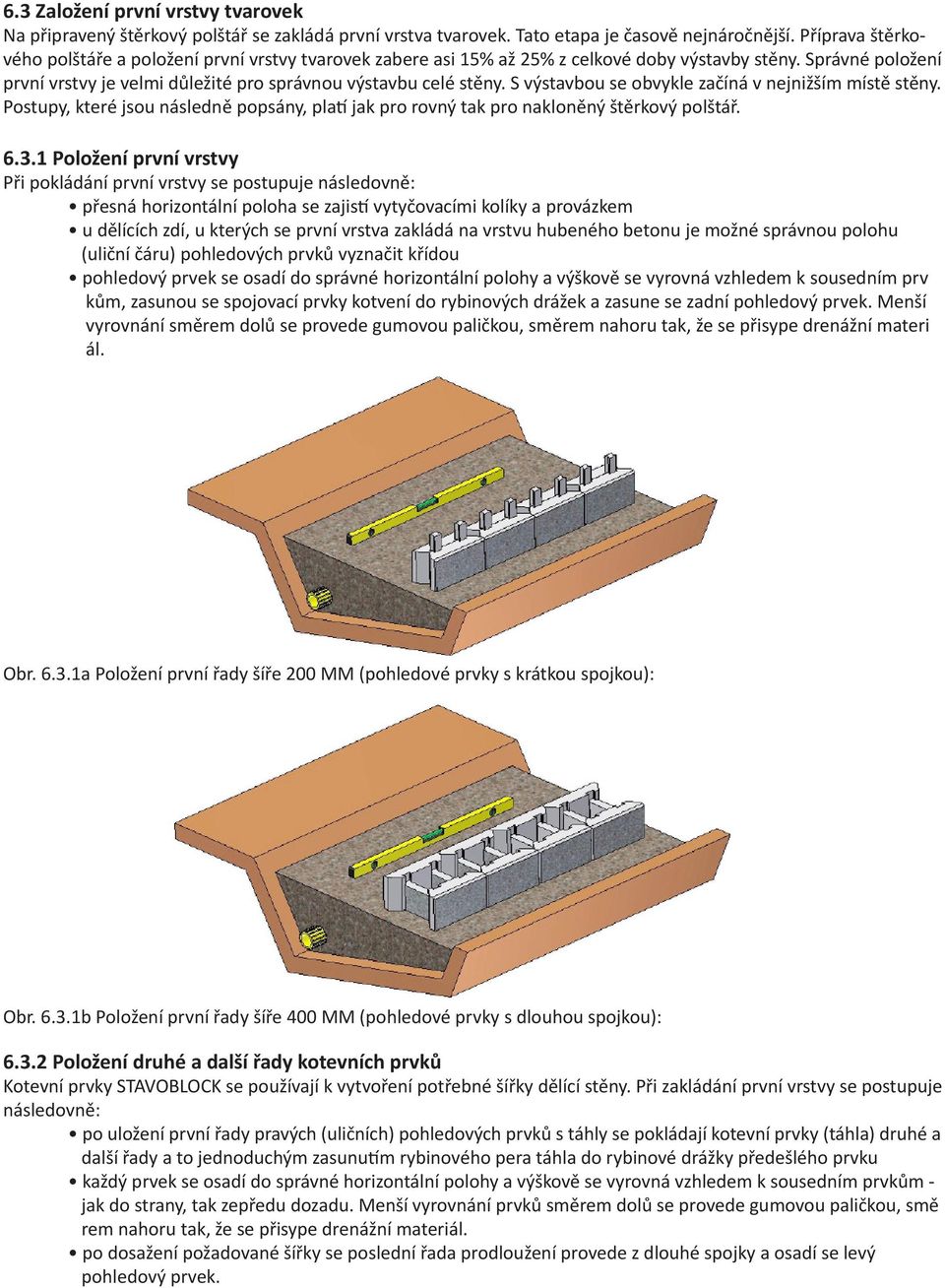 S výstavbou se obvykle začíná v nejnižším místě stěny. Postupy, které jsou následně popsány, platí jak pro rovný tak pro nakloněný štěrkový polštář. 6.3.