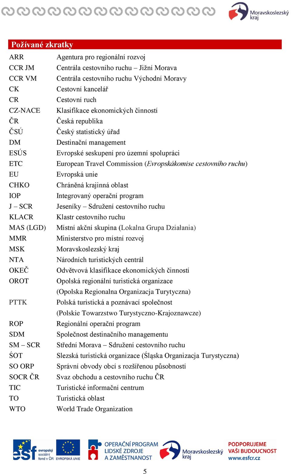 cestovního ruchu) EU Evropská unie CHKO Chráněná krajinná oblast IOP Integrovaný operační program J SCR Jeseníky Sdružení cestovního ruchu KLACR Klastr cestovního ruchu MAS (LGD) Místní akční skupina