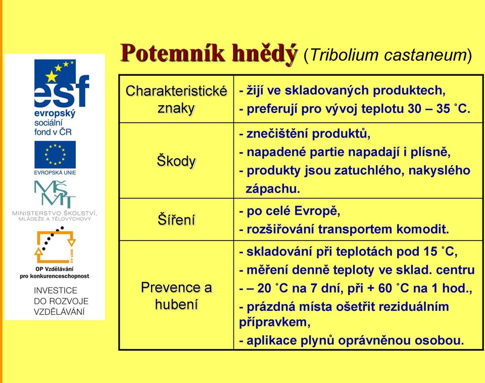 - znečištění produktů, - napadené partie napadají i plísně, - produkty jsou zatuchlého, nakyslého zápachu.