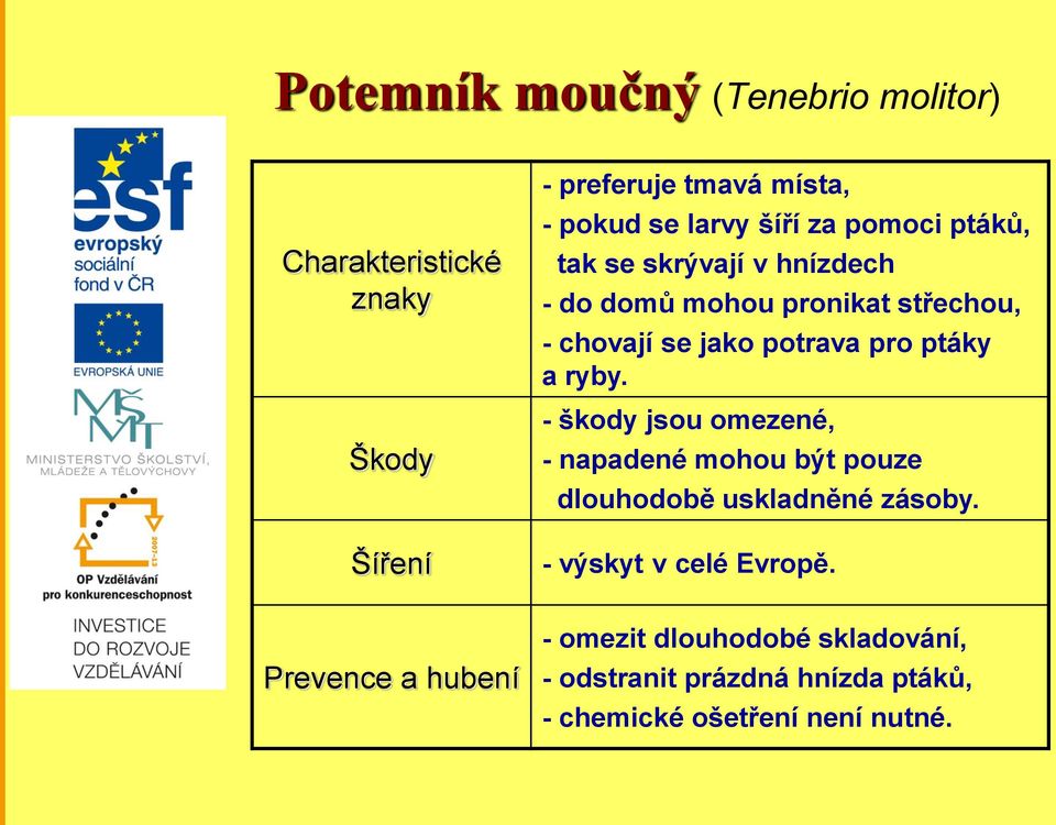 ptáky a ryby. - škody jsou omezené, - napadené mohou být pouze dlouhodobě uskladněné zásoby.