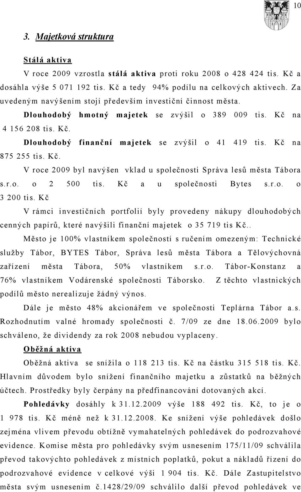 Kč na 875 255 tis. Kč. V roce 2009 byl navýšen vklad u společnosti Správa lesů města Tábora s.r.o. o 2 500 tis. Kč a u společnosti Bytes s.r.o. o 3 200 tis.