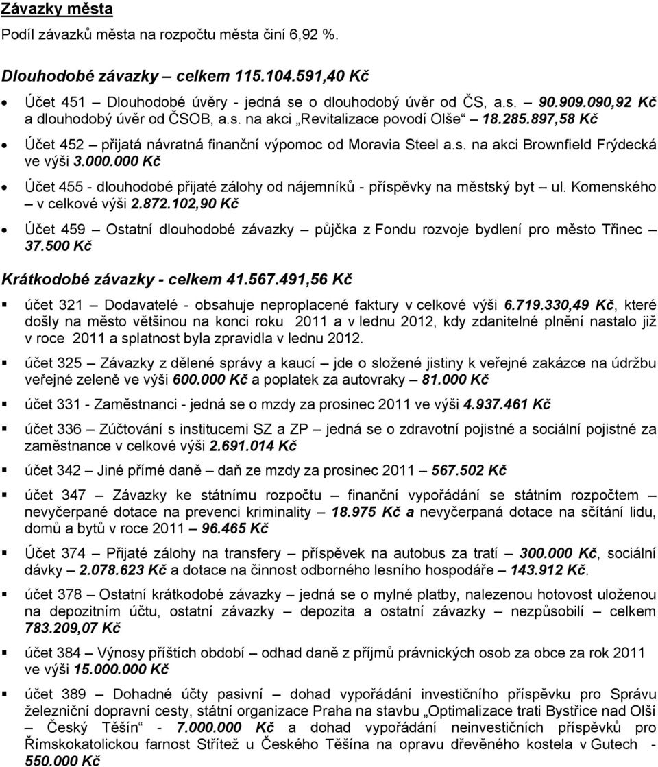 000 Kč Účet 455 - dlouhodobé přijaté zálohy od nájemníků - příspěvky na městský byt ul. Komenského v celkové výši 2.872.