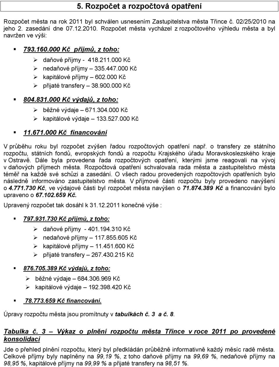 000 Kč přijaté transfery 38.900.000 Kč 804.831.000 Kč výdajů, z toho: běžné výdaje 671.304.000 Kč kapitálové výdaje 133.527.000 Kč 11.671.000 Kč financování V průběhu roku byl rozpočet zvýšen řadou rozpočtových opatření např.