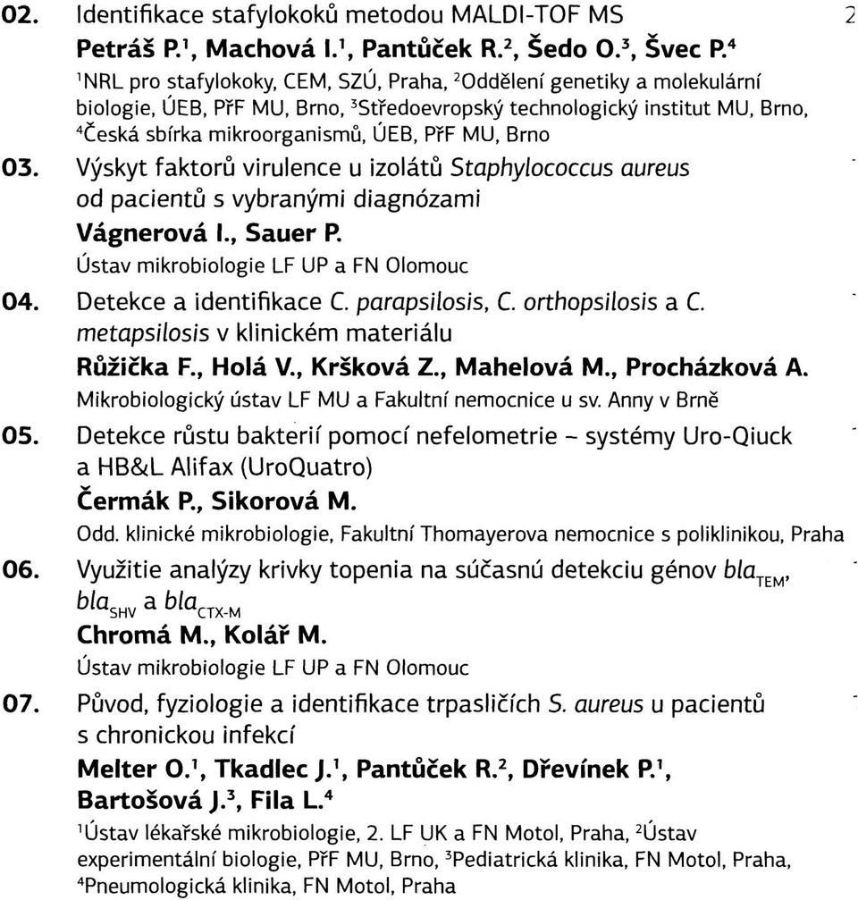 Brno 03. Výskyt faktorů virulence u izolátů Staphylococcus aureus od pacientů s vybranými diagnózami Vágnerová I., Sauer P. Ústav mikrobiologie LF UP a FN Olomouc 04. Detekce a identifikace C.