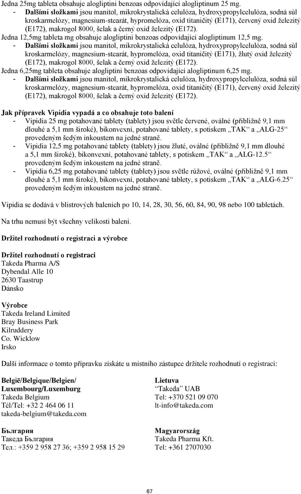 makrogol 8000, šelak a černý oxid železitý (E172). Jedna 12,5mg tableta mg obsahuje alogliptini benzoas odpovídající alogliptinum 12,5 mg.