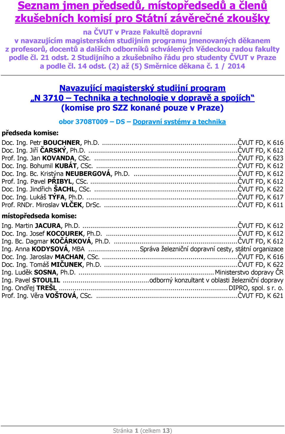 1 / 2014 Navazující magisterský studijní program N 3710 Technika a technologie v dopravě a spojích (komise pro SZZ konané pouze v Praze) obor 3708T009 DS Dopravní systémy a technika Doc. Ing.