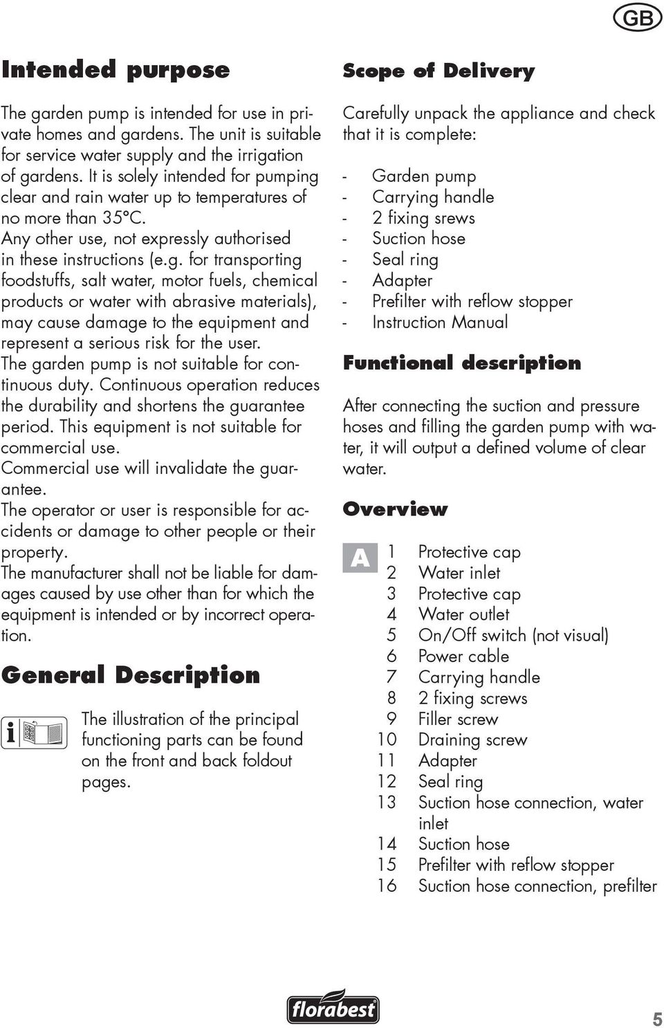 clear and rain water up to temperatures of no more than 35 C. Any other use, not expressly authorised in these instructions (e.g.