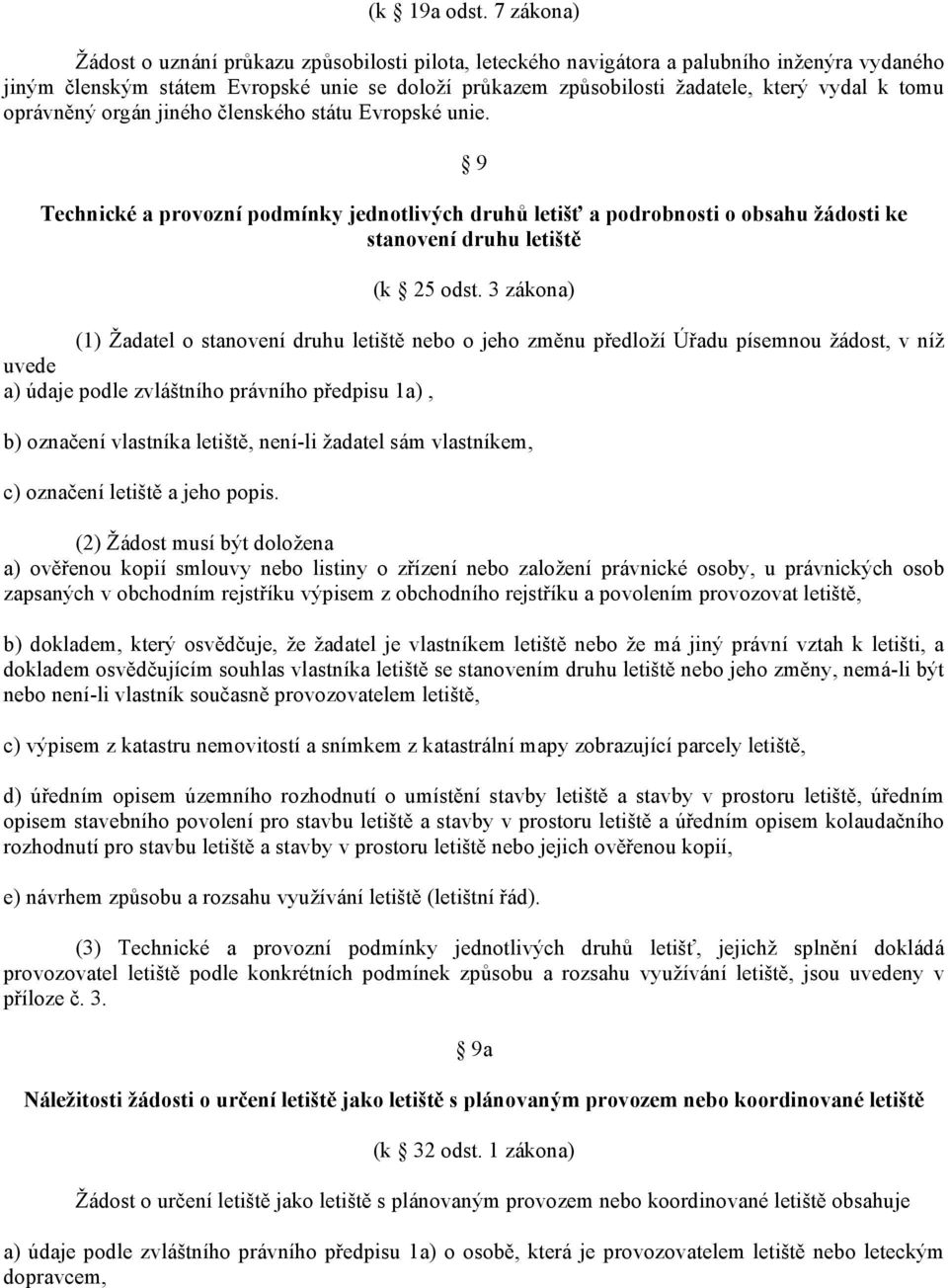 tomu oprávněný orgán jiného členského státu Evropské unie. 9 Technické a provozní podmínky jednotlivých druhů letišť a podrobnosti o obsahu žádosti ke stanovení druhu letiště (k 25 odst.