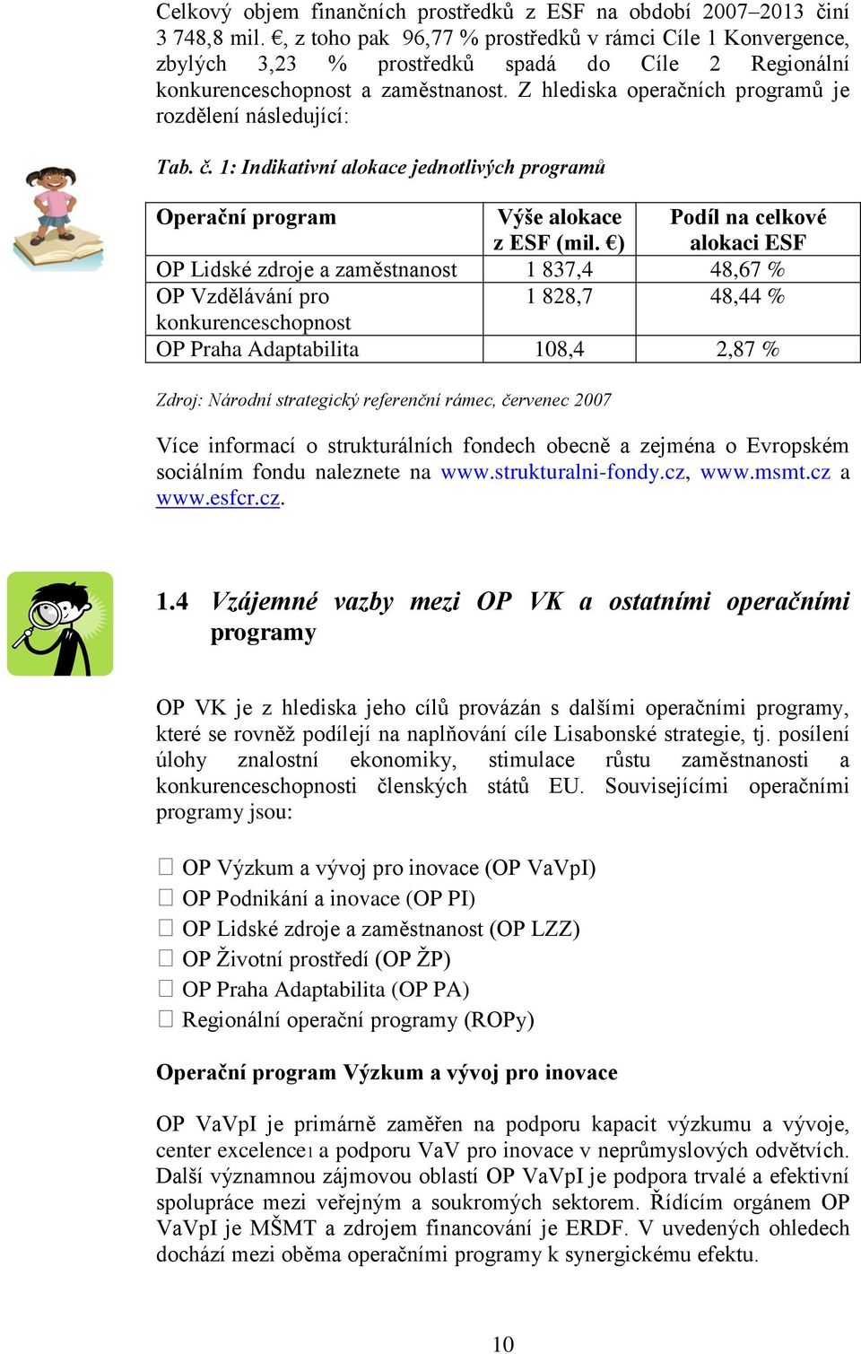 Z hlediska operačních programů je rozdělení následující: Tab. č. 1: Indikativní alokace jednotlivých programů Operační program Výše alokace z ESF (mil.