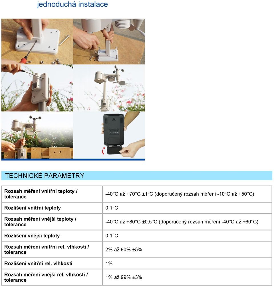 vlhkosti / -40 C až +70 C ±1 C (doporučený rozsah měření -10 C až +50 C) 0,1 C -40 C až +80 C ±0,5 C