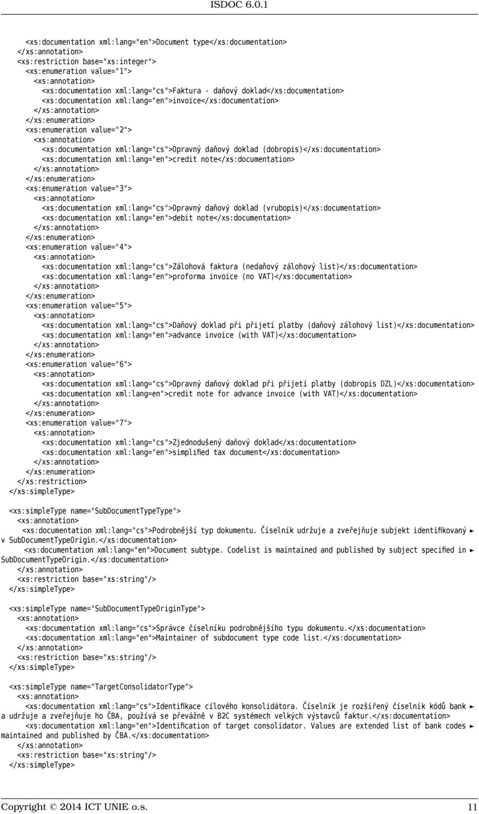 (dobropis)</xs:documentation> <xs:documentation xml:lang="en">credit note</xs:documentation> </xs:enumeration> <xs:enumeration value="3"> <xs:documentation xml:lang="cs">opravný daňový doklad