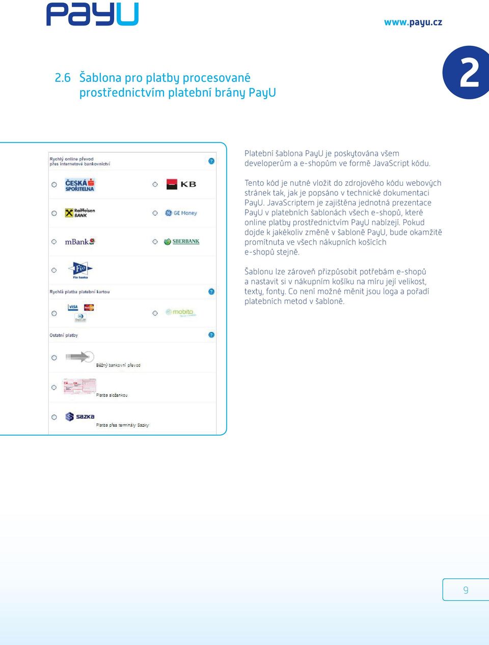 JavaScriptem je zajištěna jednotná prezentace PayU v platebních šablonách všech e-shopů, které online platby prostřednictvím PayU nabízejí.