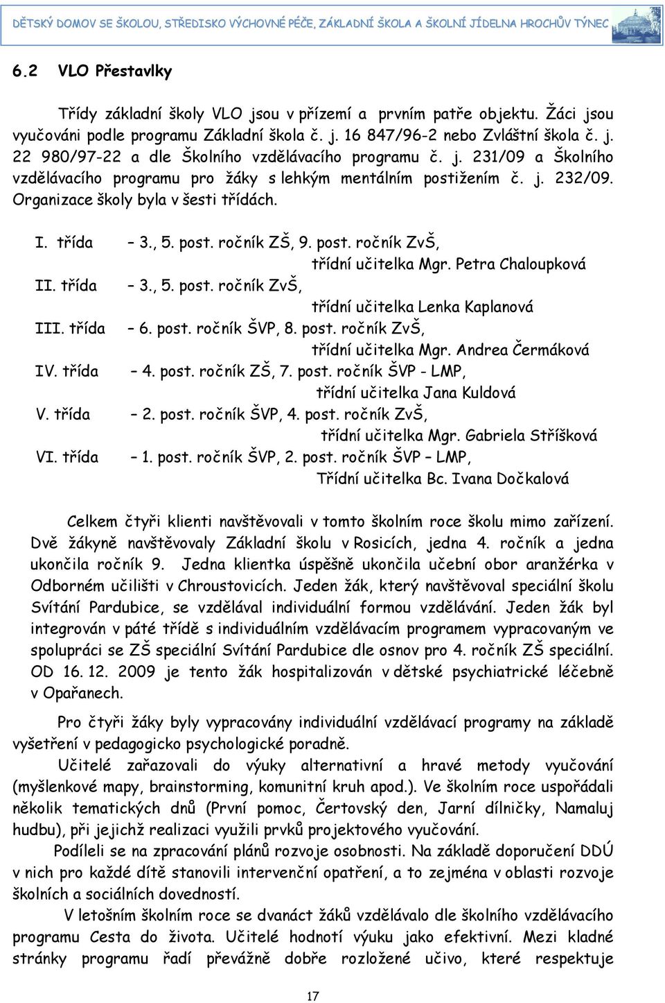 Petra Chaloupková II. třída 3., 5. post. ročník ZvŠ, třídní učitelka Lenka Kaplanová III. třída 6. post. ročník ŠVP, 8. post. ročník ZvŠ, třídní učitelka Mgr. Andrea Čermáková IV. třída 4. post. ročník ZŠ, 7.