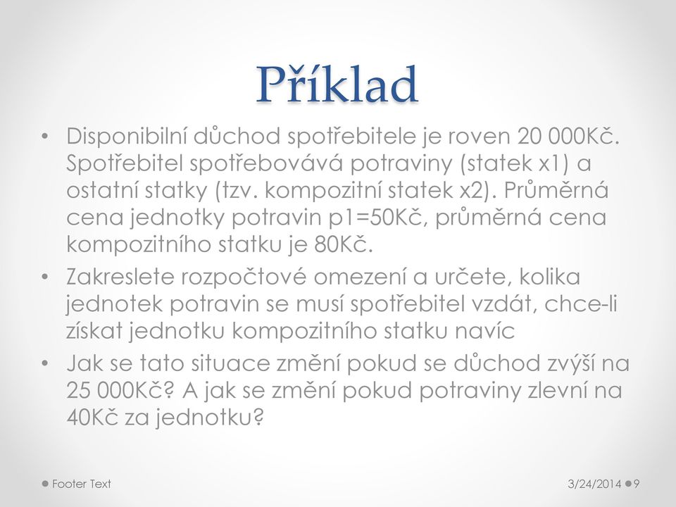 Zakreslete rozpočtové omezení a určete, kolika jednotek potravin se musí spotřebitel vzdát, chce-li získat jednotku kompozitního