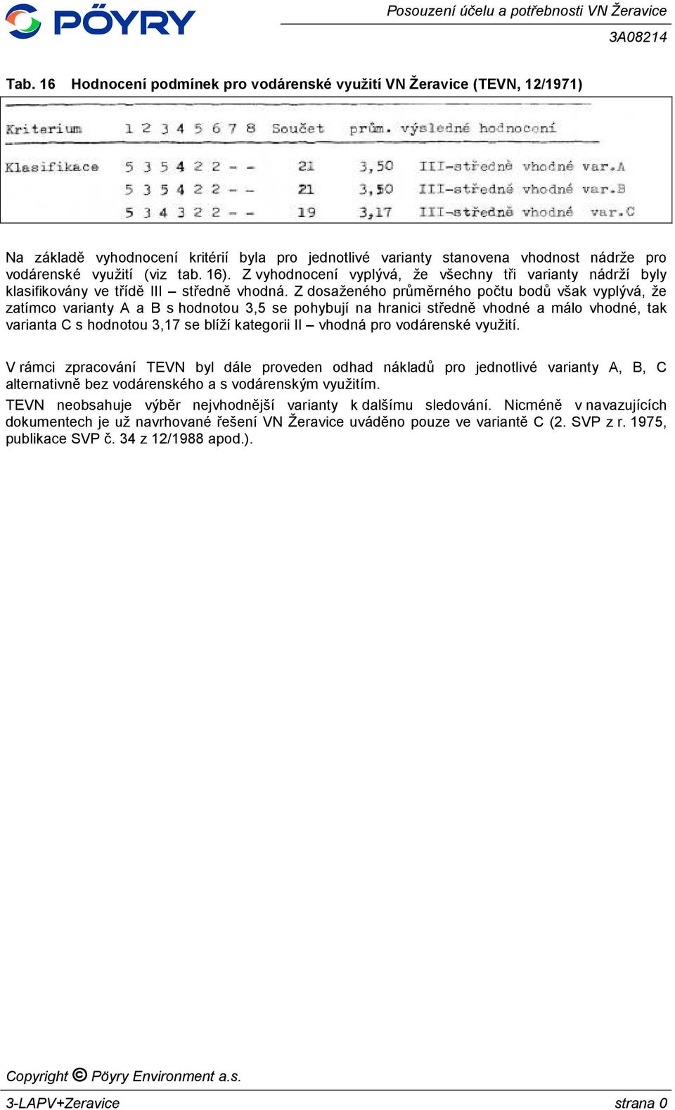 Z dosaženého průměrného počtu bodů však vyplývá, že zatímco varianty A a B s hodnotou 3,5 se pohybují na hranici středně vhodné a málo vhodné, tak varianta C s hodnotou 3,17 se blíží kategorii II