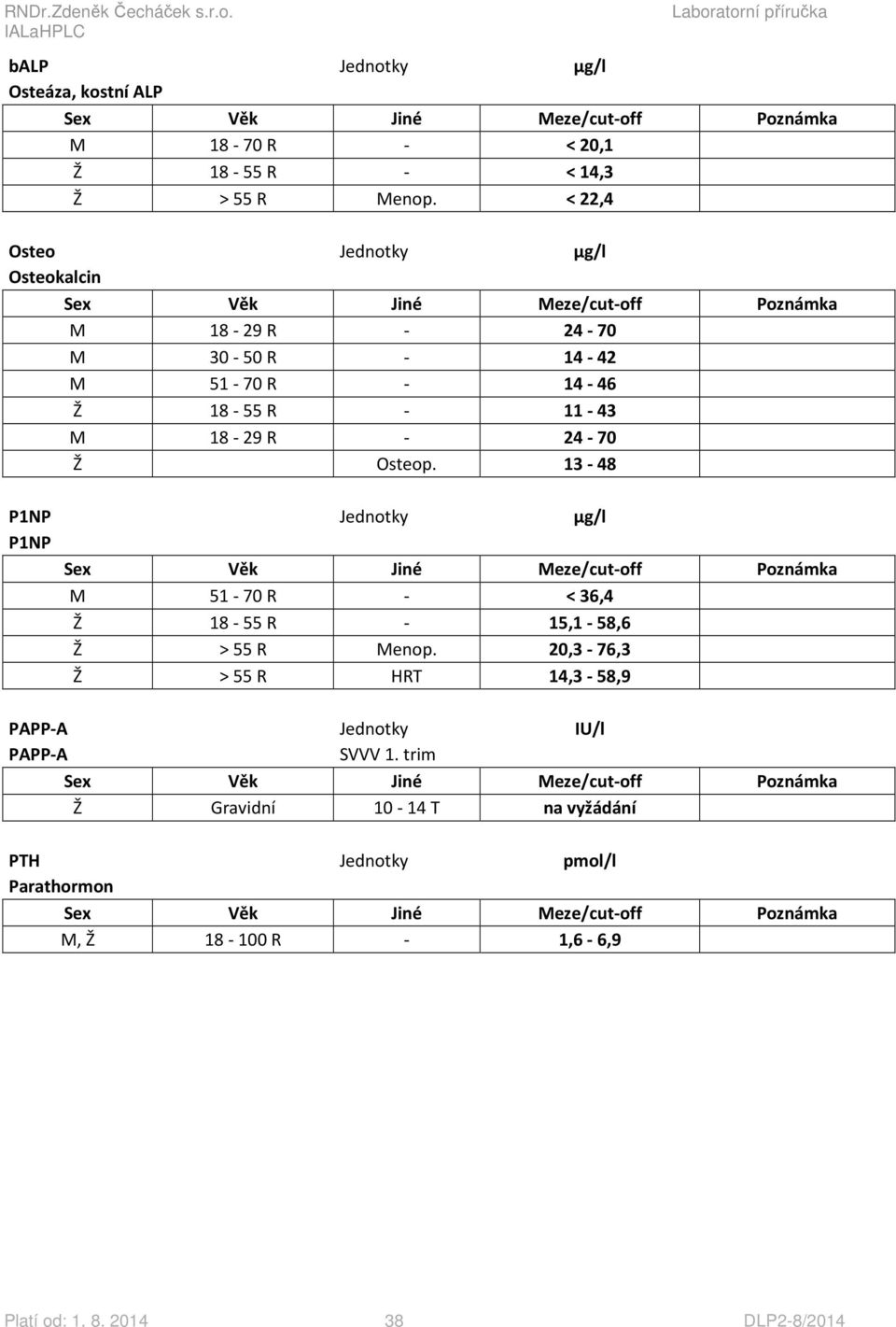 Ž Osteop. 13-48 P1NP Jednotky µg/l P1NP M 51-70 R - < 36,4 Ž 18-55 R - 15,1-58,6 Ž > 55 R Menop.