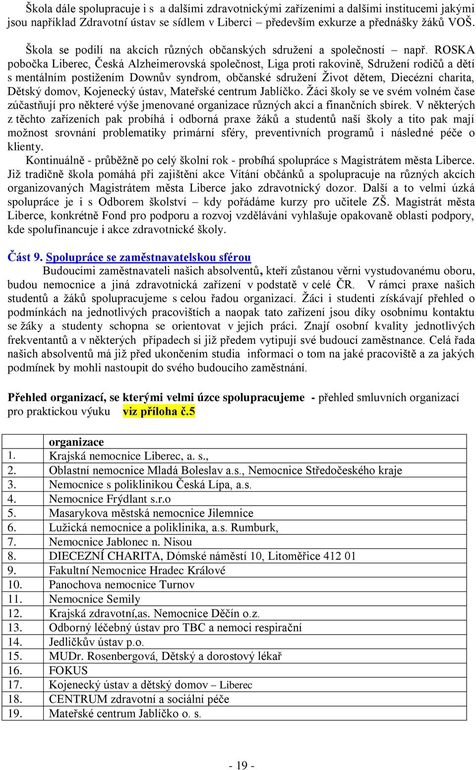 ROSKA pobočka Liberec, Česká Alzheimerovská společnost, Liga proti rakovině, Sdruţení rodičů a dětí s mentálním postiţením Downův syndrom, občanské sdruţení Ţivot dětem, Diecézní charita, Dětský