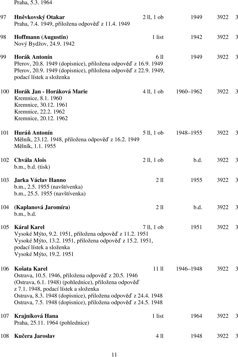 1. 1960 Kremnice, 30.12. 1961 Kremnice, 22.2. 1962 Kremnice, 20.12. 1962 101 Huráň Antonín 5 ll, 1 ob 1948 1955 3922 3 Mělník, 23.12. 1948, přiložena odpověď z 16.2. 1949 Mělník, 1.1. 1955 102 Chvála Alois 2 ll, 1 ob b.