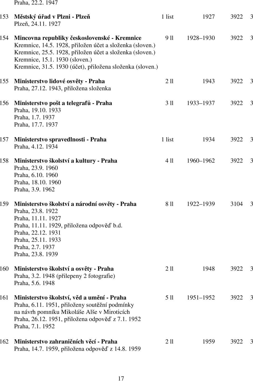 ) 155 Ministerstvo lidové osvěty - Praha 2 ll 1943 3922 3 Praha, 27.12. 1943, přiložena složenka 156 Ministerstvo pošt a telegrafů - Praha 3 ll 1933 1937 3922 3 Praha, 19.10. 1933 Praha, 1.7. 1937 Praha, 17.