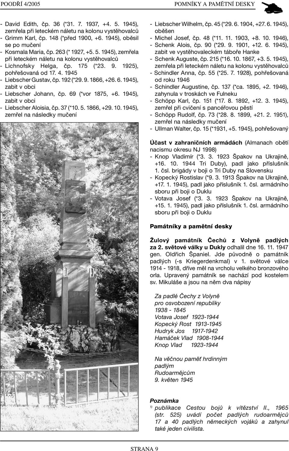 1945 - Liebscher Gustav, čp. 192 (*29. 9. 1866, +26. 6. 1945), zabit v obci - Liebscher Johann, čp. 69 (*vor 1875, +6. 1945), zabit v obci - Liebscher Aloisia, čp. 37 (*10. 5. 1866, +29. 10.