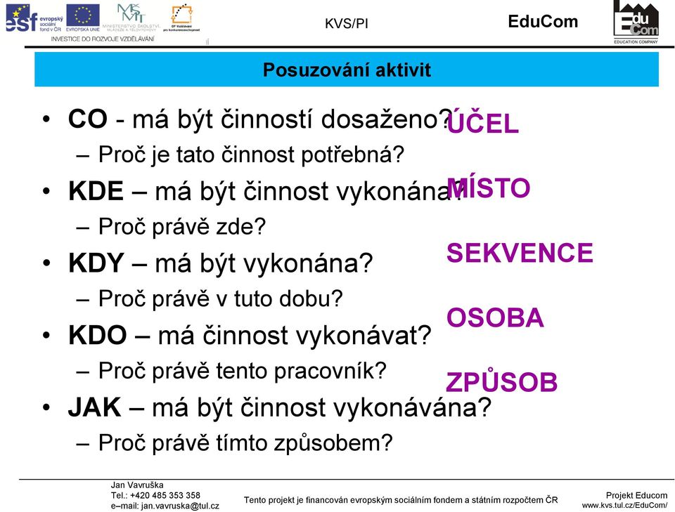 MÍSTO Proč právě zde? KDY má být vykonána? Proč právě v tuto dobu?